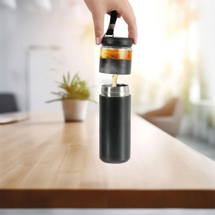 Beyaz 450 ml Demlikli Süzgeçli Cam Detaylı Lazer Logo Baskılı Promosyon Termos